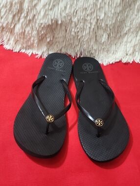 Tory Burch Black Flip Flop Sandals with Gold Logo